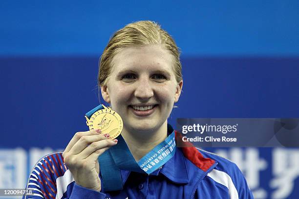 Rebecca Adlington of Great Britain celebrates winning the gold medal in the Women's 800m Freestyle Final during Day Fifteen of the 14th FINA World...