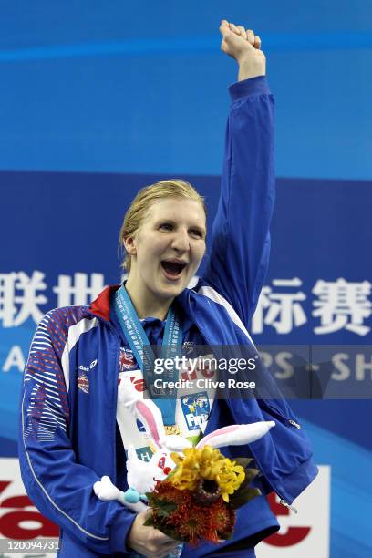 Rebecca Adlington of Great Britain celebrates winning the gold medal in the Women's 800m Freestyle Final during Day Fifteen of the 14th FINA World...