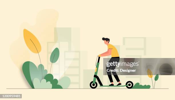 stockillustraties, clipart, cartoons en iconen met vector illustratie van jonge man rijden elektrische scooter. plat modern ontwerp voor webpagina, banner, presentatie enz. - vitaliteit fiets