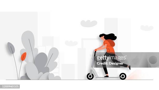 ilustraciones, imágenes clip art, dibujos animados e iconos de stock de ilustración vectorial de la joven que monta scooter eléctrico. flat modern design for web page, banner, presentation, etc. - cabello largo