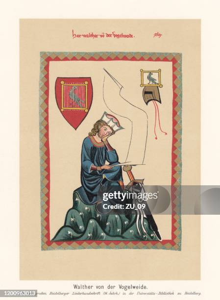 ilustraciones, imágenes clip art, dibujos animados e iconos de stock de walther von der vogelweide (c.1170-c.1230), minnesinger alemán, cromolitógrafo, publicado en 1897 - manuscrito