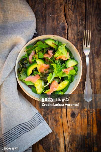 salad with smoked salmon - low carb diet stock pictures, royalty-free photos & images