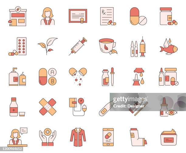 ilustrações de stock, clip art, desenhos animados e ícones de simple set of pharmacy related vector line icons. outline symbol collection. - farmaco