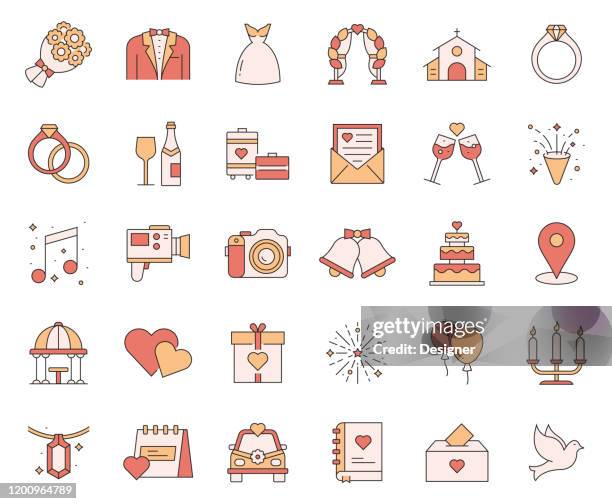 simple set of wedding related vector line icons. outline symbol collection - engagement stock illustrations