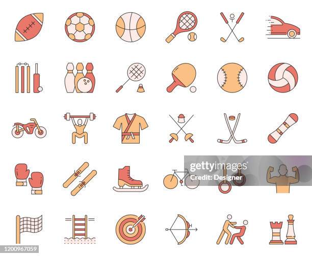 ilustraciones, imágenes clip art, dibujos animados e iconos de stock de conjunto simple de iconos de línea vectorial relacionados con elementos deportivos. colección de símbolos de esquema - hockey su pista