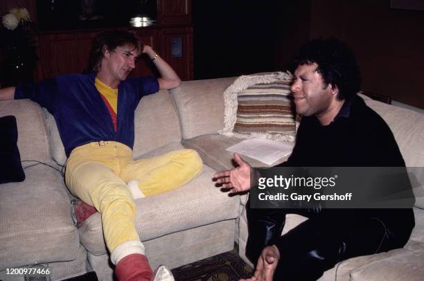 British Rock and Pop singer Rod Stewart is interviewed by American MTV VJ JJ Jackson , New York, New York, February 27, 1982.