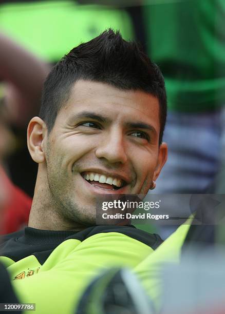 Sergio Aguero, the Manchester City new signing, looks on during the Dublin Super Cup match between Manchester City and Airtricity XI at Aviva Stadium...