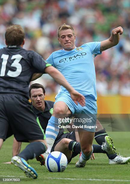 John Guidetti of Manchester City controls the ball during the Dublin Super Cup match between Manchester City and Airtricity XI at Aviva Stadium on...