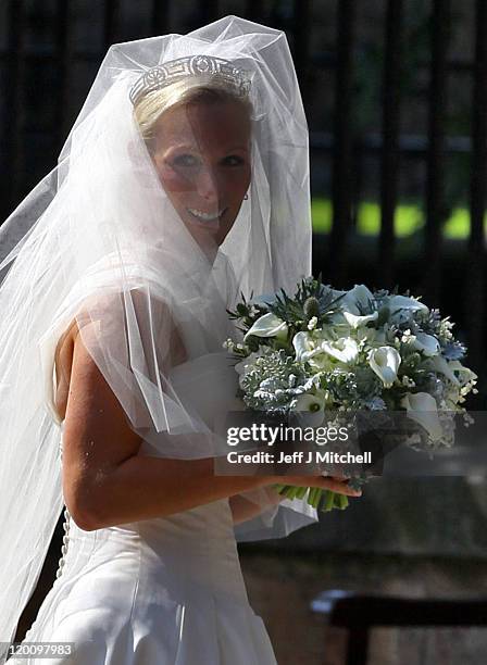 Zara Phillips arrives for the Royal wedding of Zara Phillips and Mike Tindall at Canongate Kirk on July 30, 2011 in Edinburgh, Scotland. The Queen's...