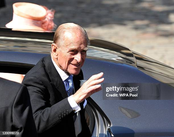 Prince Phillip, Duke of Edinburgh arrives to the Royal wedding of Zara Phillips and Mike Tindall at Canongate Kirk on July 30, 2011 in Edinburgh,...