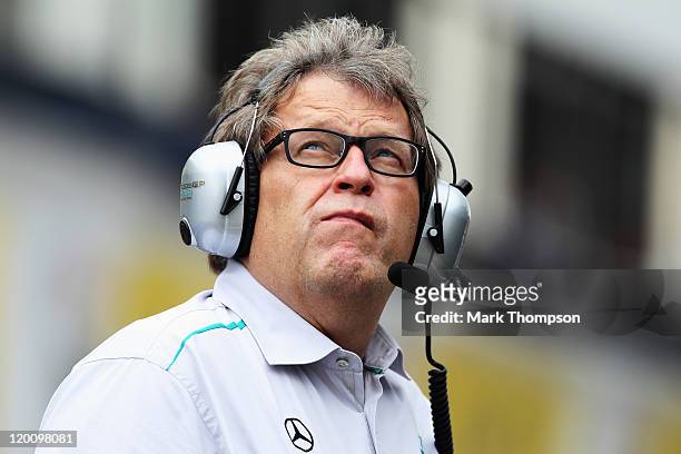 Mercedes Motorsport boss Norbert Haug is seen during qualifying for the Hungarian Formula One Grand Prix at the Hungaroring on July 30, 2011 in...