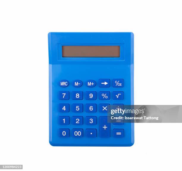 blue calculator on white background, top view - calculating machine stock pictures, royalty-free photos & images