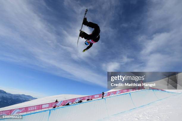 Gian Andrin Biele of Switzerland competes in his qualification run in Men's Snowboard Halfpipe during day 13 of the Lausanne 2020 Winter Youth...