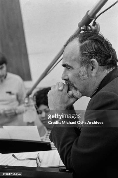 American music producer Jerry Wexler with American singer, songwriter, pianist, and civil rights activist Aretha Franklin , and American recording...