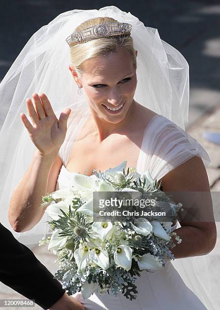 Zara Philips leaves Canongate Kirk on the afternoon of her wedding to Mike Tindall on July 30, 2011 in Edinburgh, Scotland. The Queen's granddaughter...