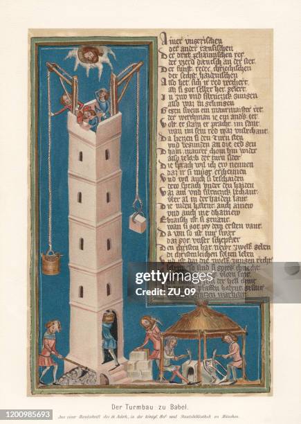 illustrations, cliparts, dessins animés et icônes de tour de babel, parchemin médiéval (vers 1370), fac-similé (chromolithographe), publié en 1897 - enluminure