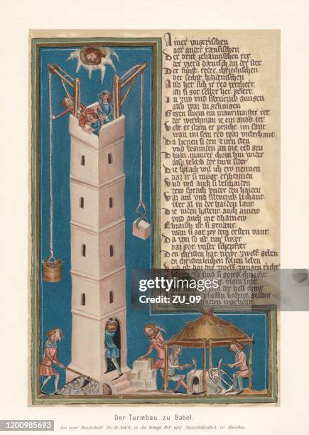 stockillustraties, clipart, cartoons en iconen met toren van babel, medival perkament (c. 1370), facsimile (chromolithograph), gepubliceerd op 1897 - toren van babel