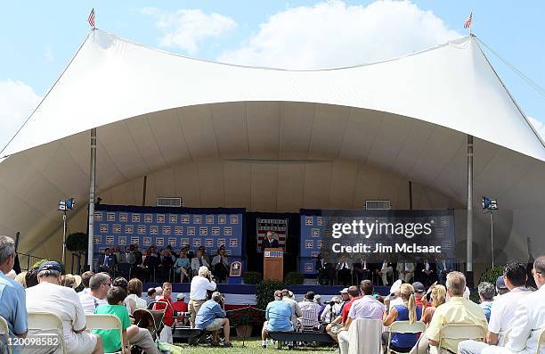 Pat Gillick gives his speech at Clark Sports Center during the Baseball Hall of Fame induction ceremony on July 24, 2011 in Cooperstown, New...
