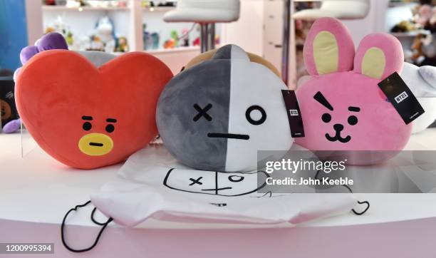 Soft toys based on members Tata, Van and Cooky of BTS pop band on display during the Toy Fair at Olympia London on January 21, 2020 in London,...