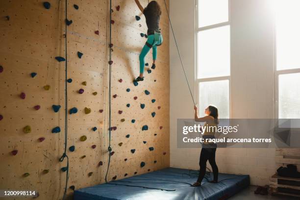two women climbing with rope in indoor climbing wall - woman climbing rope stock-fotos und bilder