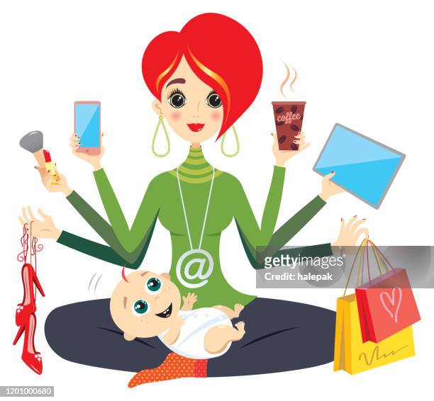 career and mother - mother and baby and laptop stock illustrations