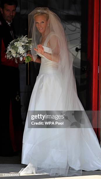 Zara Phillips arrives for the Royal wedding of Zara Phillips and Mike Tindall at Canongate Kirk on July 30, 2011 in Edinburgh, Scotland. The Queen's...