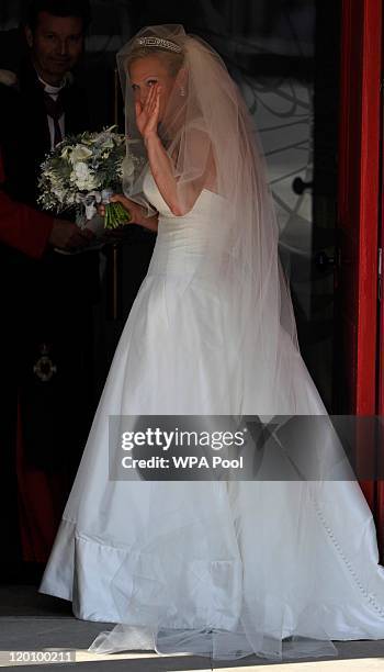 Zara Phillips arrives for the Royal wedding of Zara Phillips and Mike Tindall at Canongate Kirk on July 30, 2011 in Edinburgh, Scotland. The Queen's...