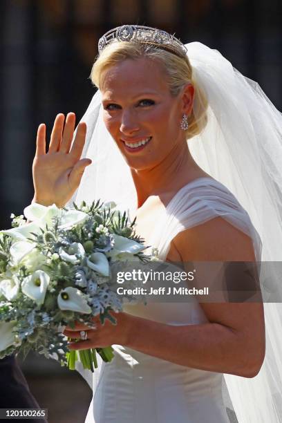 Zara Phillips departs afterher Royal wedding to Mike Tindall at Canongate Kirk on July 30, 2011 in Edinburgh, Scotland. The Queen's granddaughter...