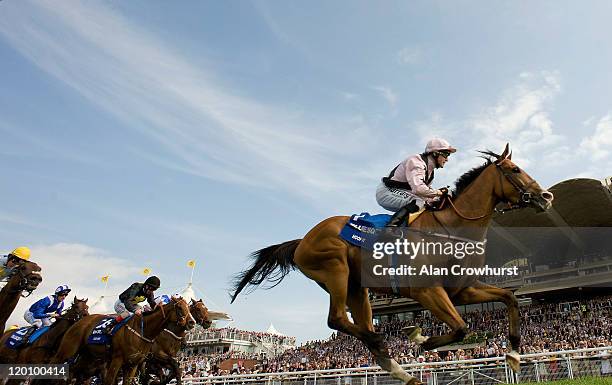 Kieren Fallon riding Hoof It win the Blue Square Stewards' Cup at Goodwood racecourse on July 30, 2011 in Chichester, England.