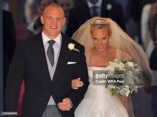 England rugby captain Mike Tindall and Zara Phillips leave the church after their marriage at Canongate Kirk on July 30, 2011 in Edinburgh, Scotland....