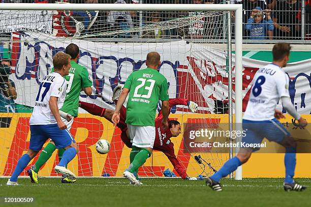 Tim Wiese of Bremen get the first goal during the first round DFB Cup match between 1. FC Heidenheim and Werder Bremen at Voith-Arena on July 30,...