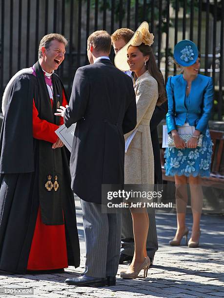 Reverend Neil Gardner, Prince William, Duke of Cambridge and Catherine, Duchess of Cambridge depart after the Royal wedding of Zara Phillips and Mike...