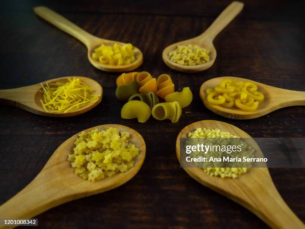 raw soup pasta in wooden spoons on background a wooden table - carboidrato componente di organismo vivente foto e immagini stock