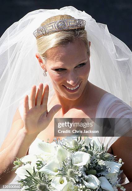 Zara Philips leaves Canongate Kirk on the afternoon of her wedding to Mike Tindall on July 30, 2011 in Edinburgh, Scotland. The Queen's granddaughter...