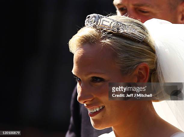 Zara Phillips departs afterher Royal wedding to Mike Tindall at Canongate Kirk on July 30, 2011 in Edinburgh, Scotland. The Queen's granddaughter...