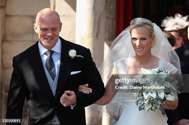 England rugby captain Mike Tindall and Zara Phillips as they leave the church after their marriage at Canongate Kirk on July 30, 2011 in Edinburgh,...