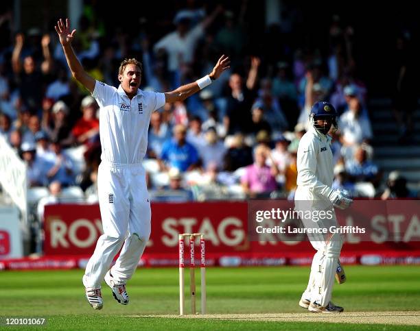 Stuart Broad of England appeals for the wicket of Harbhajan Singh of India during the second npower Test match between England and India at Trent...