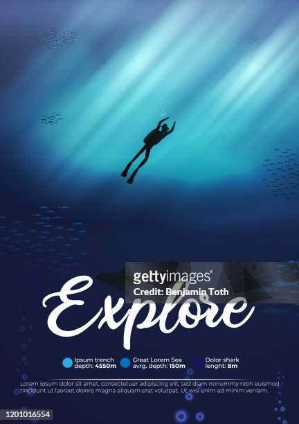 illustrations, cliparts, dessins animés et icônes de plongée sous-marine plongeur fond de scène d'océan sous-marin des récifs explorent l'affiche - profond