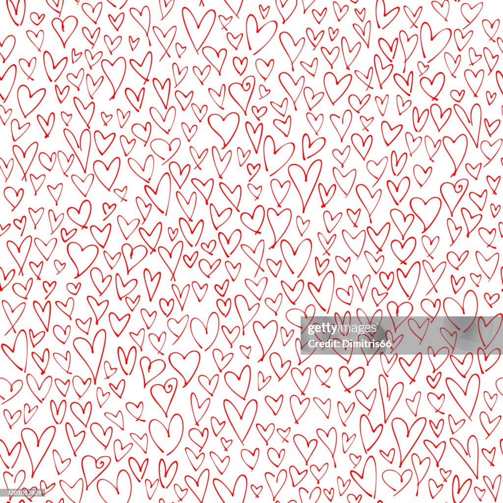 Mão desenhada corações vermelhos padrão sem costura. Valentine's, Dia das Mães, cartão de aniversário, papel de parede ou design de embrulho de presente.