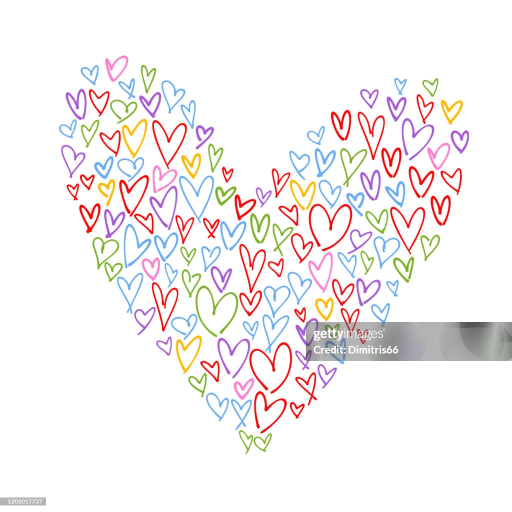 Heart shape collage made from multi colored handdrawn hearts