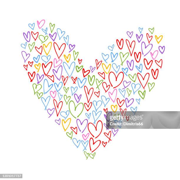 heart shape collage made from multi colored handdrawn hearts - romantic couple on white background stock illustrations