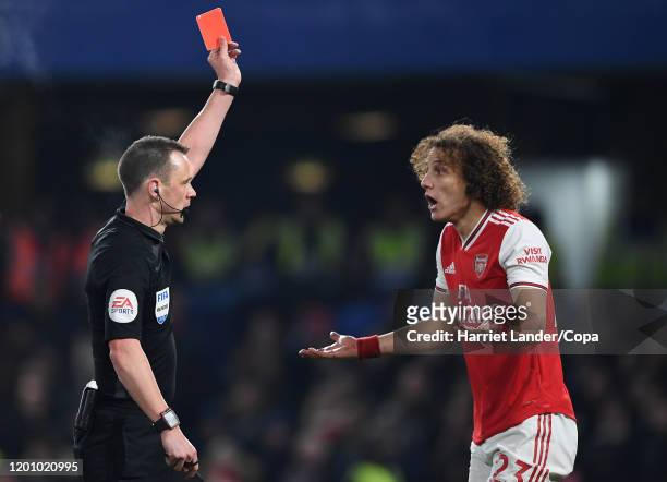 Referee Stuart Attwell Awards David Luiz of Arsenal a red card during the Premier League match between Chelsea FC and Arsenal FC at Stamford Bridge...