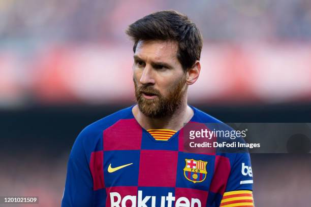 Lionel Messi of FC Barcelona looks on during the Liga match between FC Barcelona and Getafe CF at Camp Nou on February 15, 2020 in Barcelona, Spain.