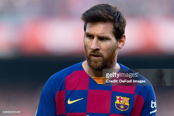 Lionel Messi of FC Barcelona looks on during the Liga match between FC Barcelona and Getafe CF at Camp Nou on February 15, 2020 in Barcelona, Spain.