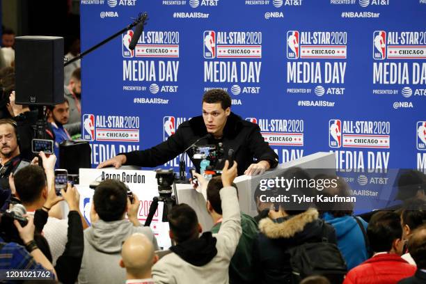 Aaron Gordon of the Orlando Magic addresses the media during Practice and Media Availability presented by AT&T as part of 2020 NBA All-Star Weekend...