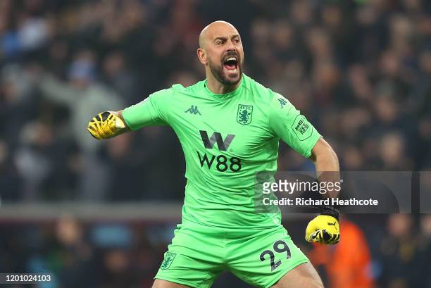Pepe Reina of Aston Villa celebrates his sides first goal during the Premier League match between Aston Villa and Watford FC at Villa Park on January...