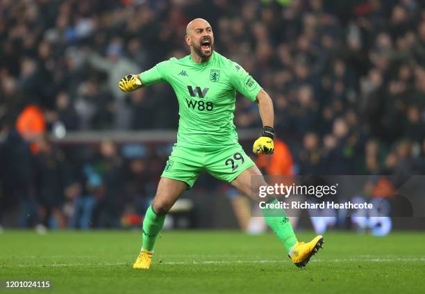 Pepe Reina of Aston Villa celebrates his sides first goal during the Premier League match between Aston Villa and Watford FC at Villa Park on January...