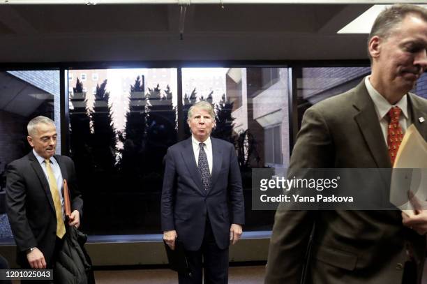 Manhattan District Attorney Cyrus Vance exits a press conference held alongside NYPD Chief Dermot Shea and NYPD Chief of Detectives Rodney Harrison...