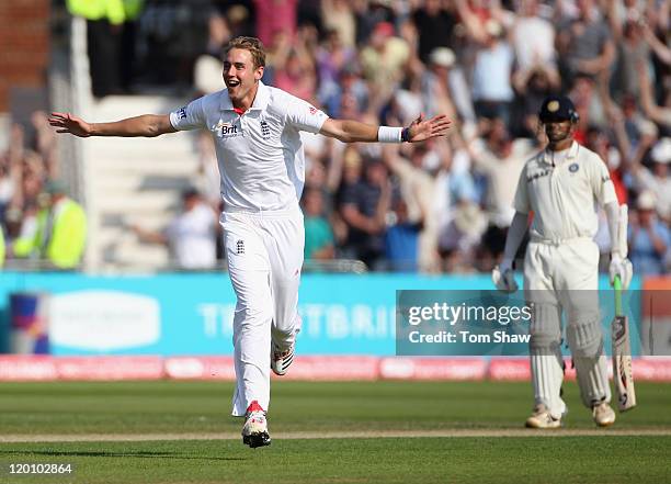Stuart Broad of England celebrates taking his hat trick with the wicket of Praveen Kumar of India during the second npower Test match between England...
