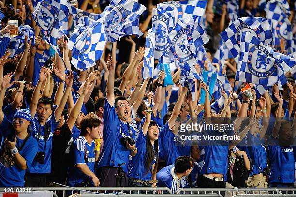 Chelsea fans cheer during the Asia Trophy pre-season friendly match between Chelsea and Aston Villa at the Hong Kong Stadium on July 30, 2011 in So...